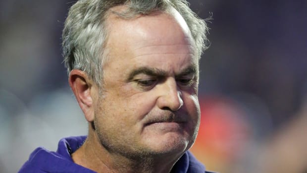Oct 21, 2023; Manhattan, Kansas, USA; TCU Horned Frogs head coach Sonny Dykes walks off the field following a loss to the Kansas State Wildcats at Bill Snyder Family Football Stadium. Mandatory Credit: Scott Sewell-USA TODAY Sports